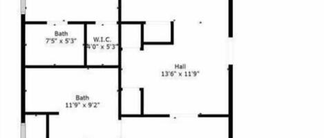 A floor plan of a house with a primary bedroom, family room, two bathrooms, a kitchen, a dining area, a living room, and a hall.