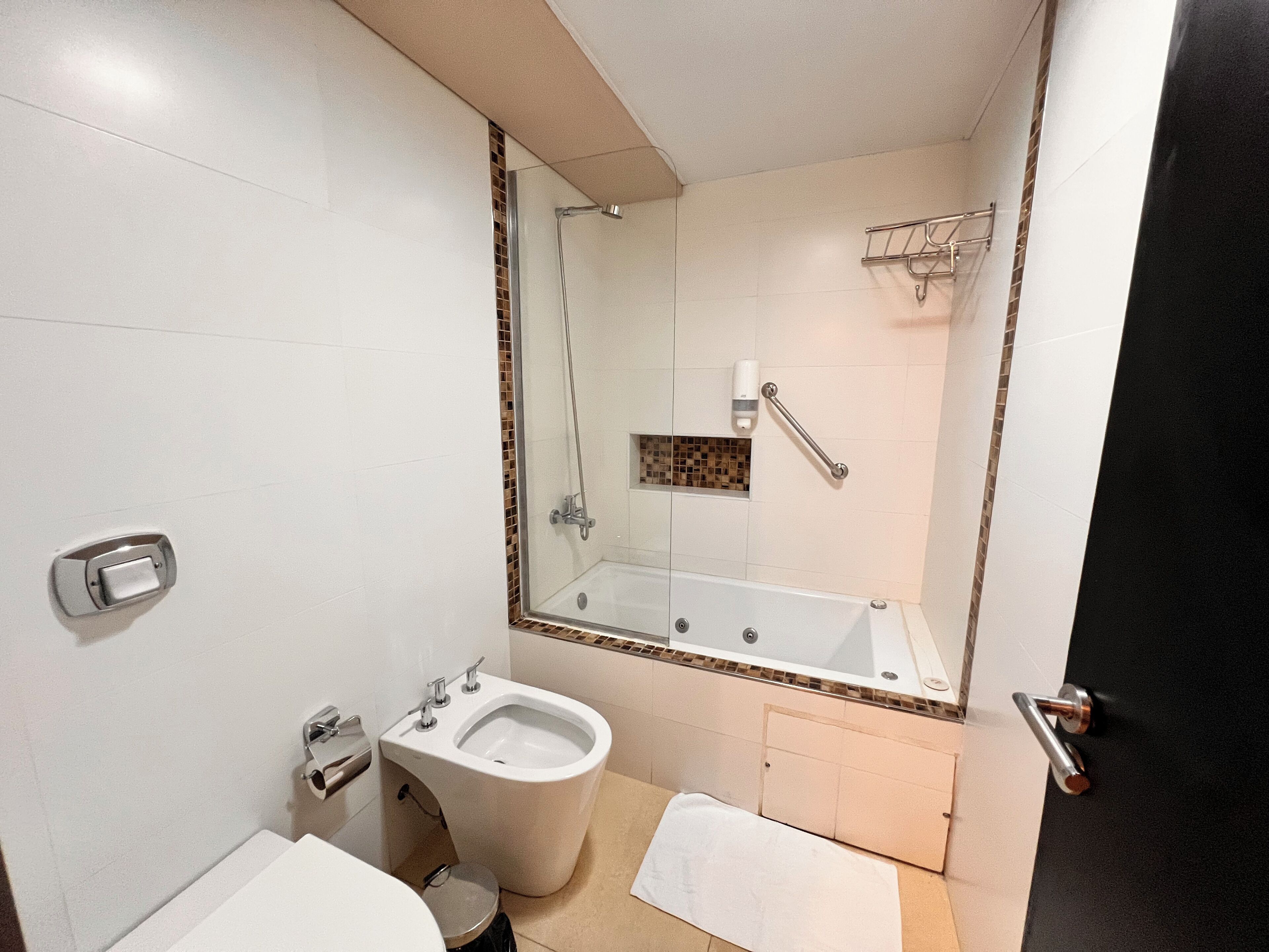 A bathroom with a bidet, a sink, a mirror, and a shower area.