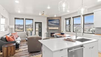 Smart TV, fireplace, books