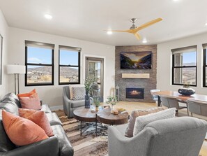 Smart TV, fireplace, books