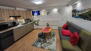 A compact living space with a kitchenette, a dining area, and a seating area with a sofa and a TV. - Kowary Forest Apartment near Karpacz (Kowary)
