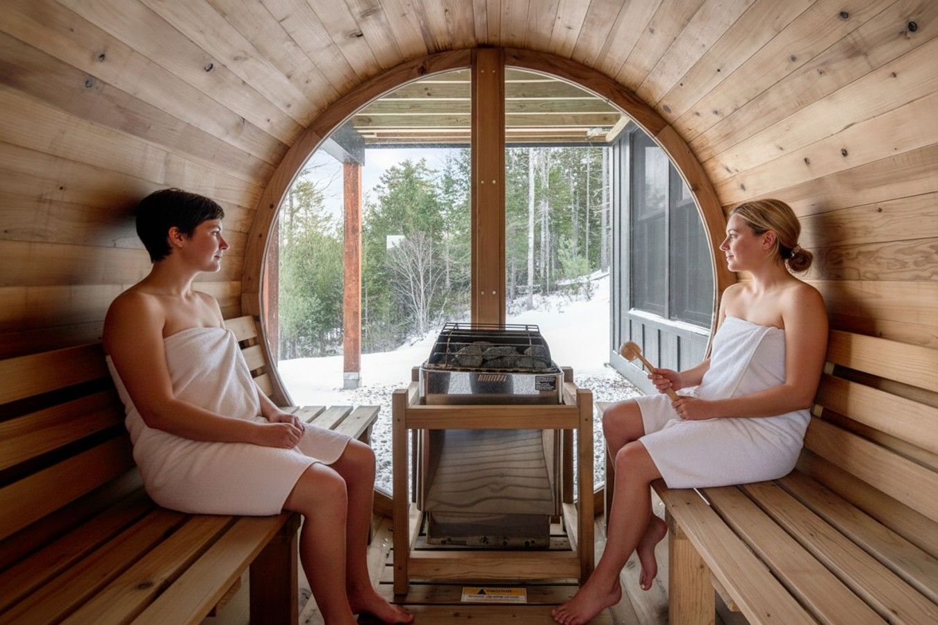 Zwei Personen sitzen auf Holzbanken in einer Sauna, in der Mitte steht eine Saunabank.