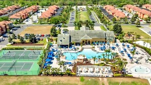 An aerial view of a resort with a swimming pool, tennis courts, and a water park. - Paradise 4Bd w Private Pool & Waterpark 2941 (Kissimmee)