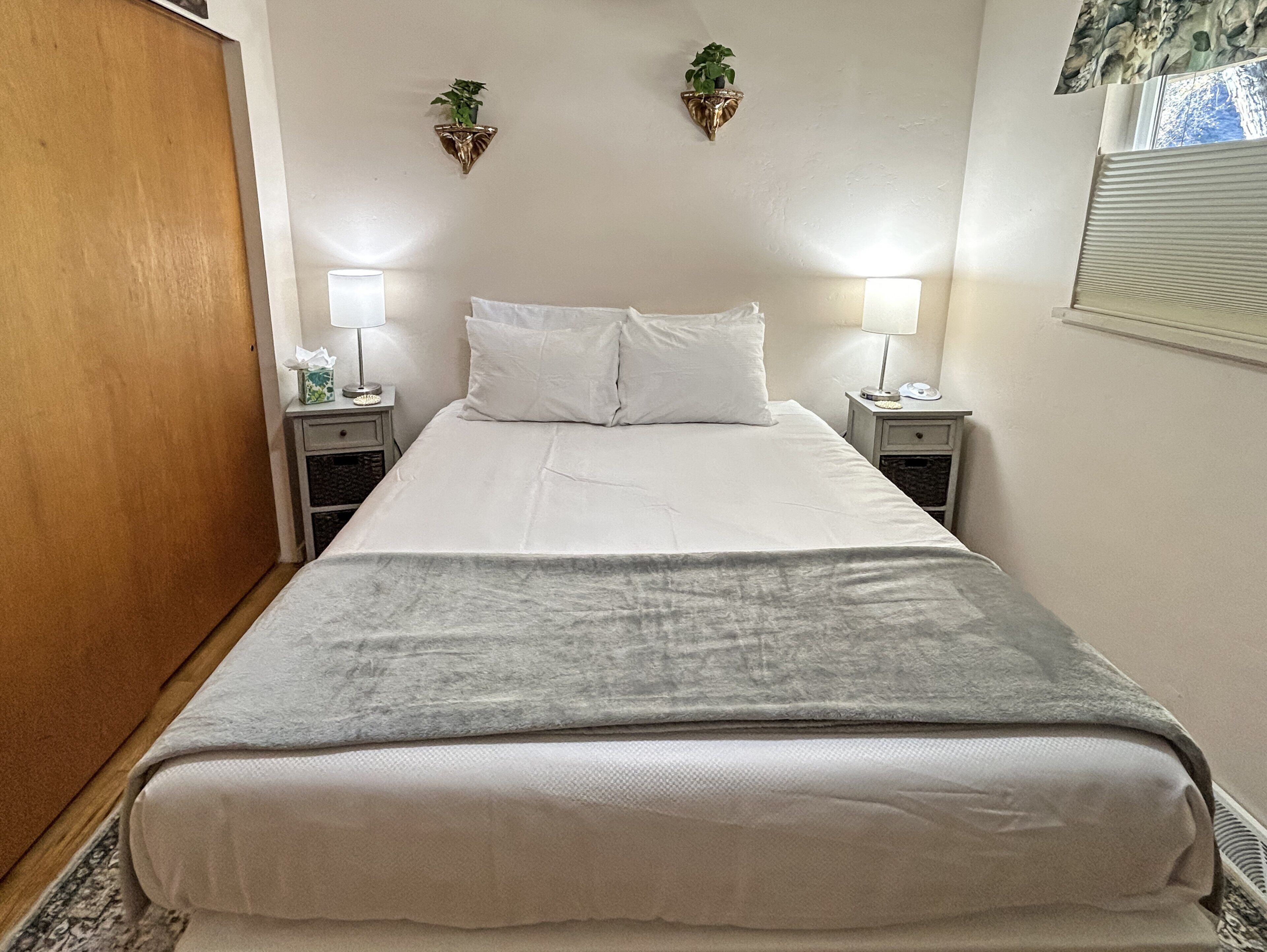 Una cama bien hecha con sábanas blancas, dos lámparas de noche y una pequeña planta en maceta en la pared.