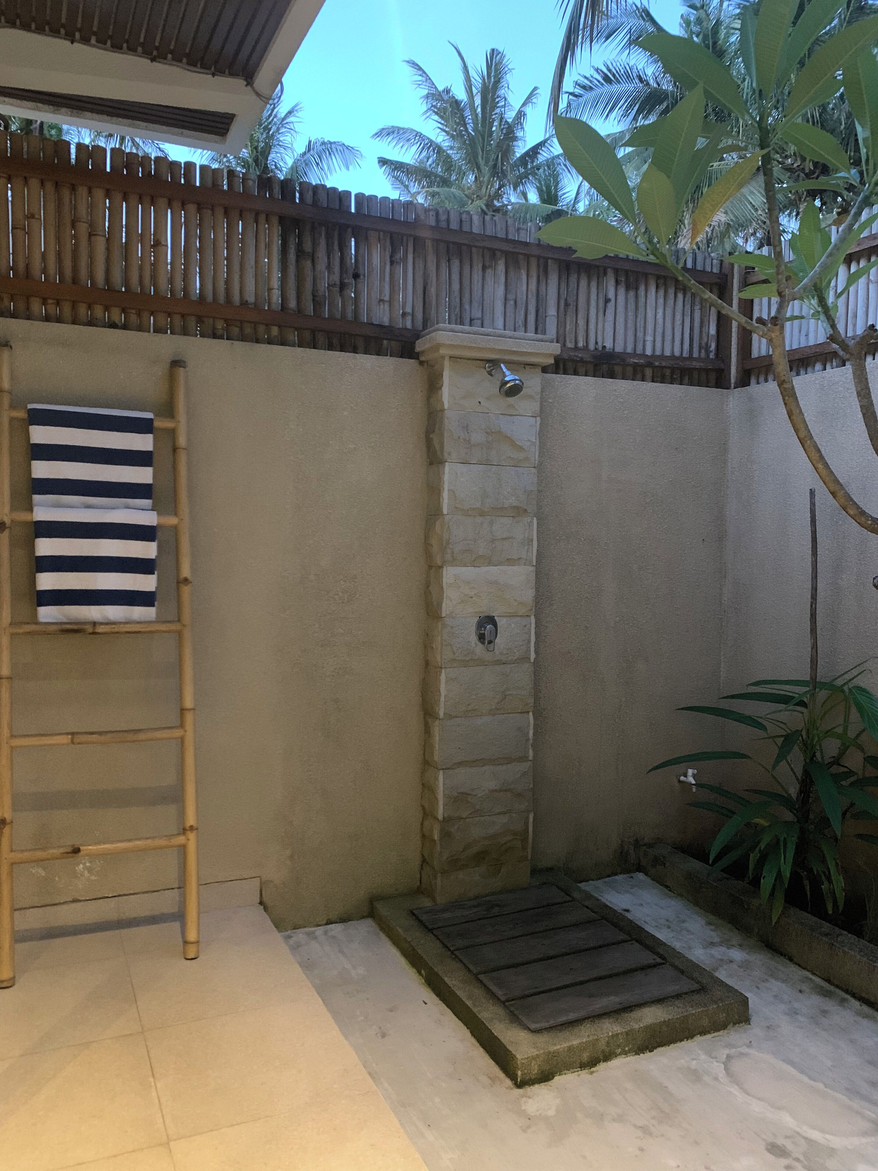 A small outdoor area with a stone wall, a wooden ladder, and a metal door.