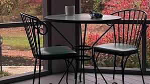Een hoek van een kamer met een ronde tafel en twee stoelen, een raam met uitzicht op bomen en een tuin.