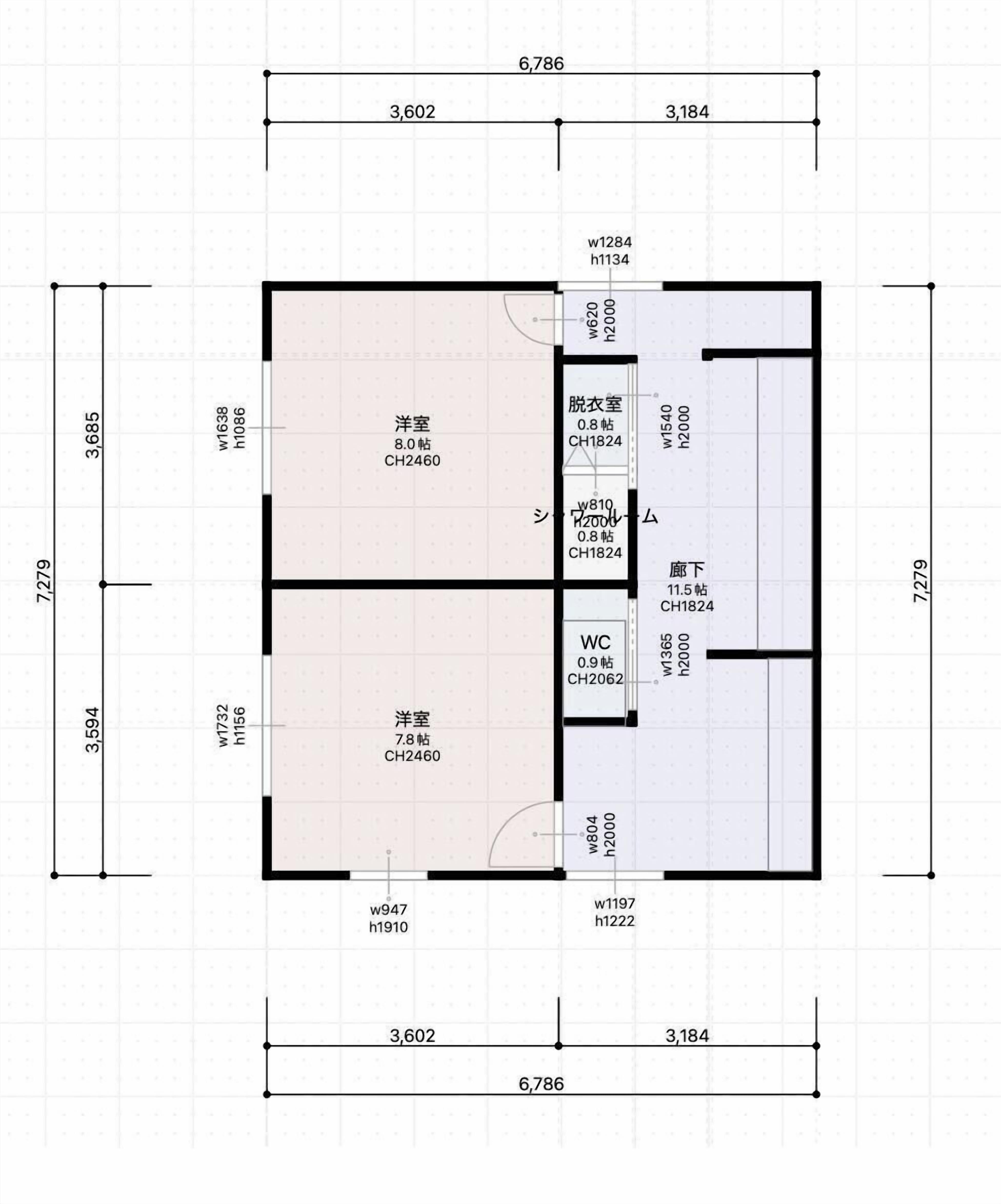 Plano de planta de una habitación de hotel con dimensiones de 6.786 mm por 7.279 mm. Incluye dos baños, un inodoro, una cocina y dos dormitorios.
