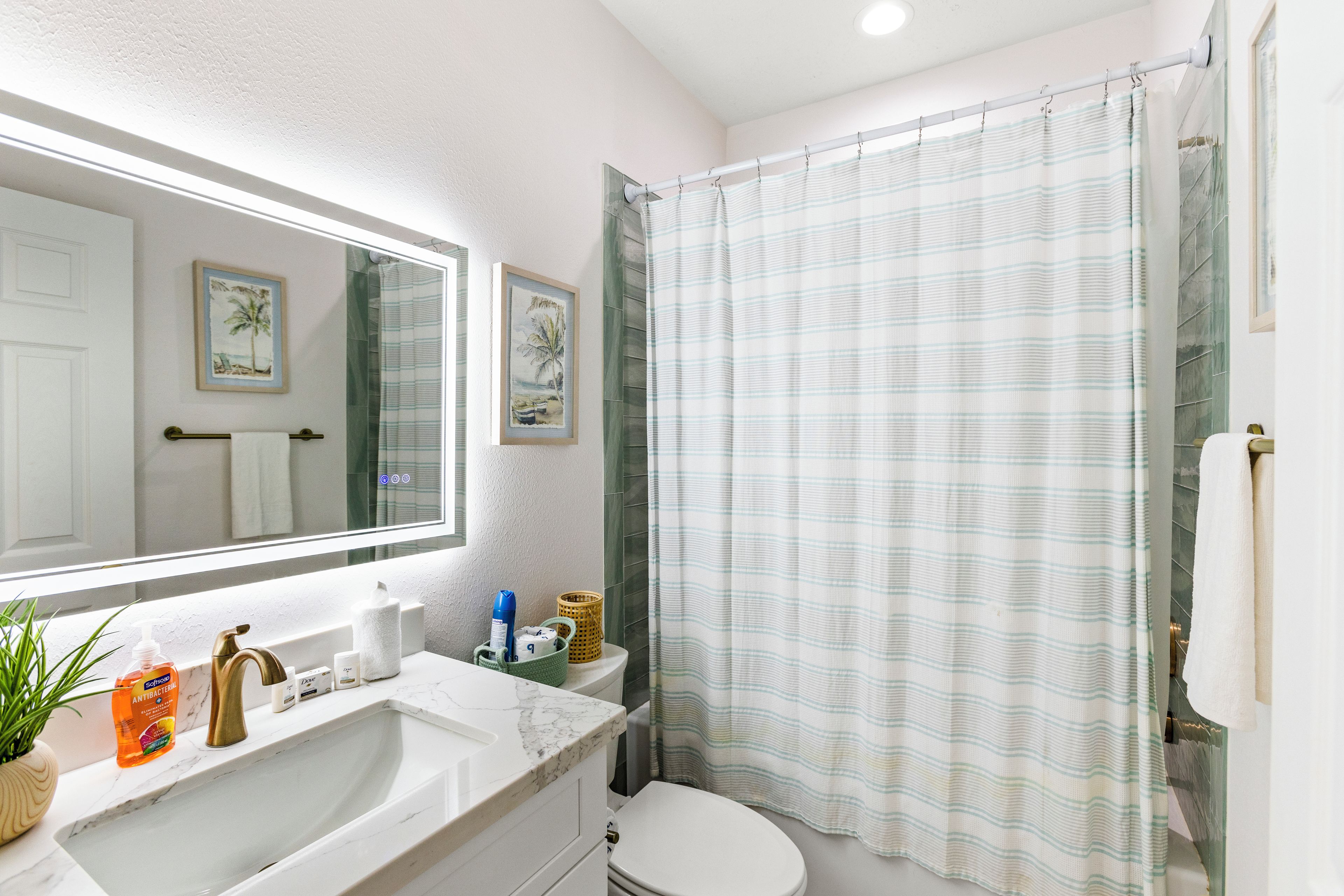 Un bagno con un lavandino bianco, uno specchio, un water e una tenda della doccia.