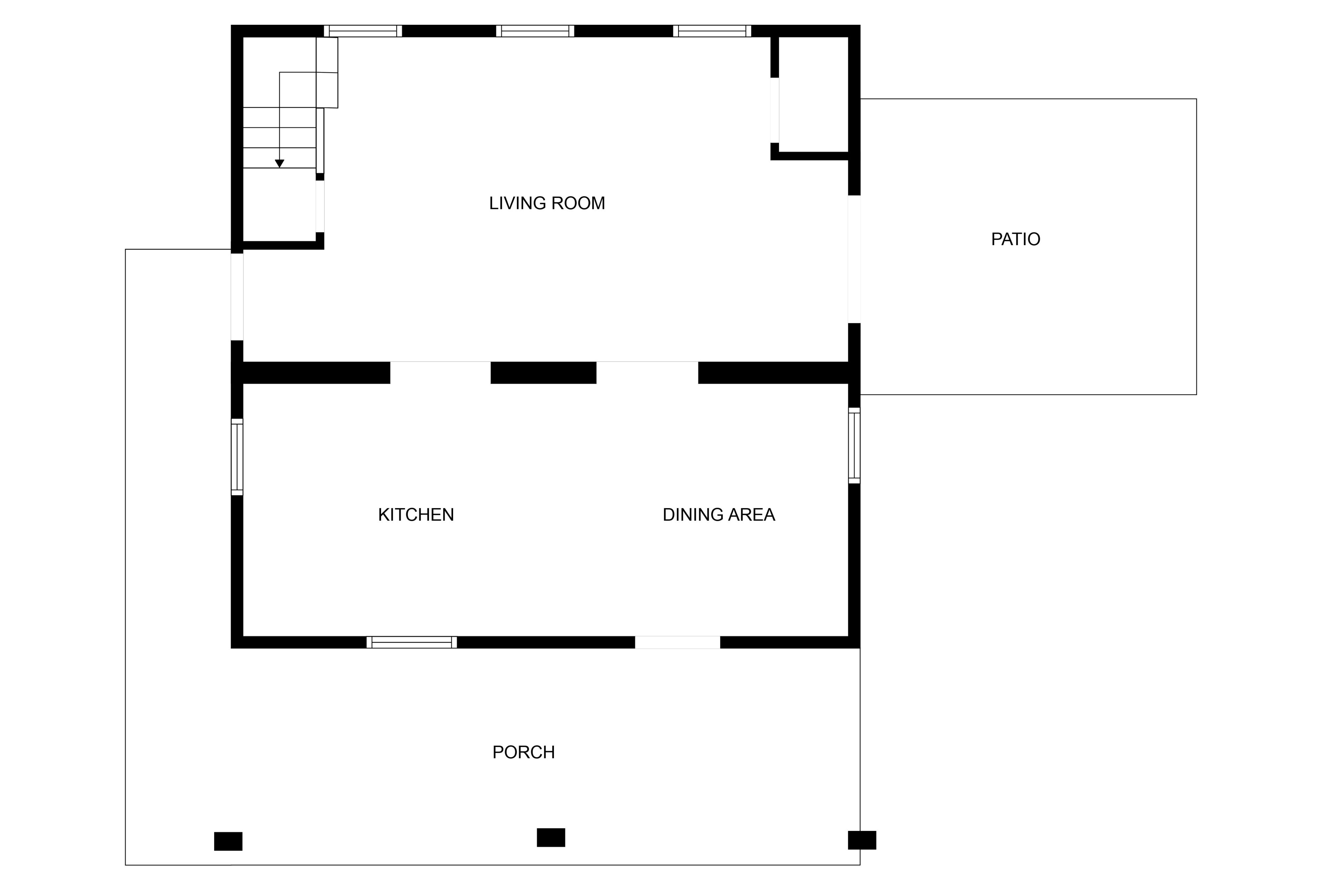 A floor plan with a living room, kitchen, dining area, porch, and patio.
