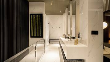 Deluxe Villa, 1 Bedroom, Balcony, Pool View | Bathroom | Shower, rainfall showerhead, hair dryer, towels