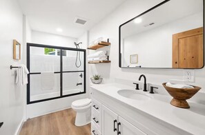 Hair dryer, towels, soap, toilet paper