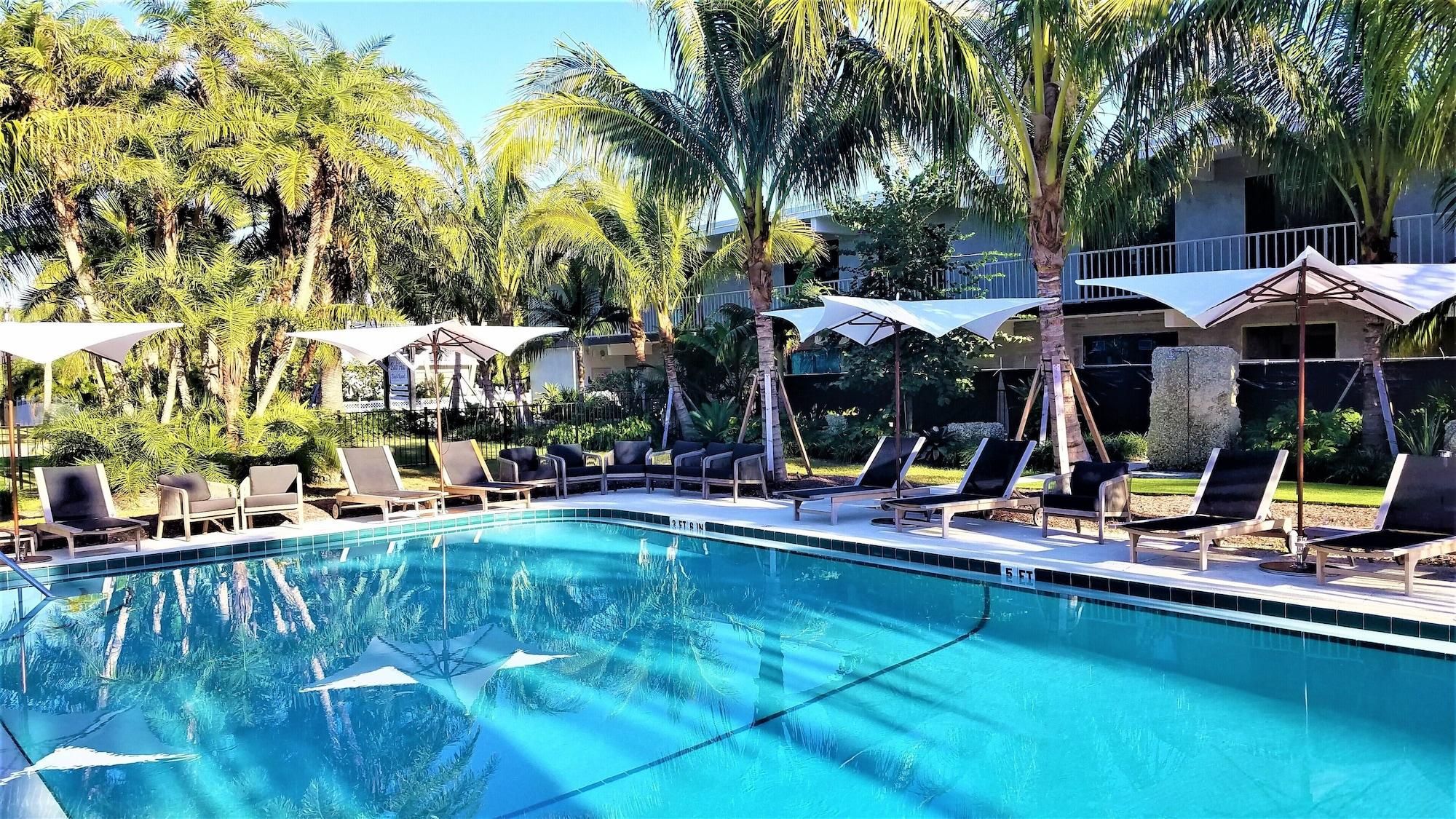 A swimming pool with lounge chairs and umbrellas, surrounded by palm trees and a building in the background.