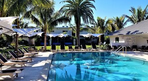 A pool area with lounge chairs and umbrellas, surrounded by palm trees and a building with a sign listing pool rules. - Bali Hai Beach Resort (Holmes Beach)