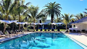 A pool area with lounge chairs and umbrellas, surrounded by palm trees. - Bali Hai Beach Resort (Holmes Beach)