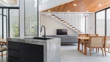 Villa, Pool View | Private kitchen | Fridge, stovetop, dishwasher, coffee/tea maker