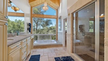 Shower, jetted tub, hair dryer, bidet