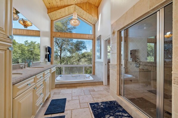 Shower, jetted tub, hair dryer, bidet
