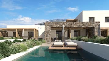 Seasonal outdoor pool, pool umbrellas, pool loungers