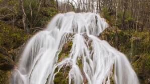 A waterfall cascading over moss-covered rocks in a forested area. - Lukec Homestead Adventure Studio Meta, Kostel, Slovenia (Kostel)