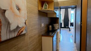 Un couloir avec un plancher en bois, un tableau accroché au mur, une petite kitchenette et une porte donnant sur une autre pièce.