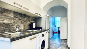 Una cocina compacta con lavadora, un lavamanos y una encimera.
