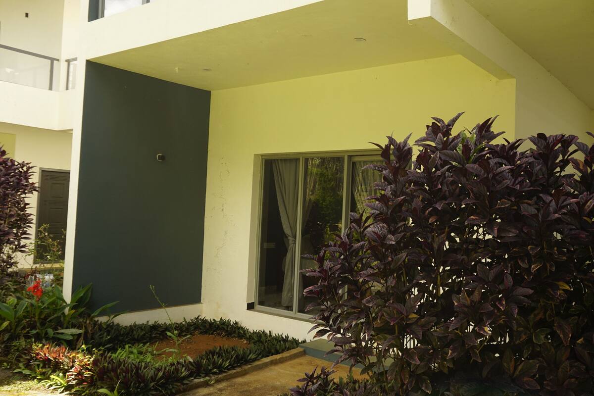 A modern building with a green door and a window with curtains.
