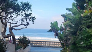 A concrete pathway leading to a beach with ocean views, flanked by tropical plants and a wooden fence.