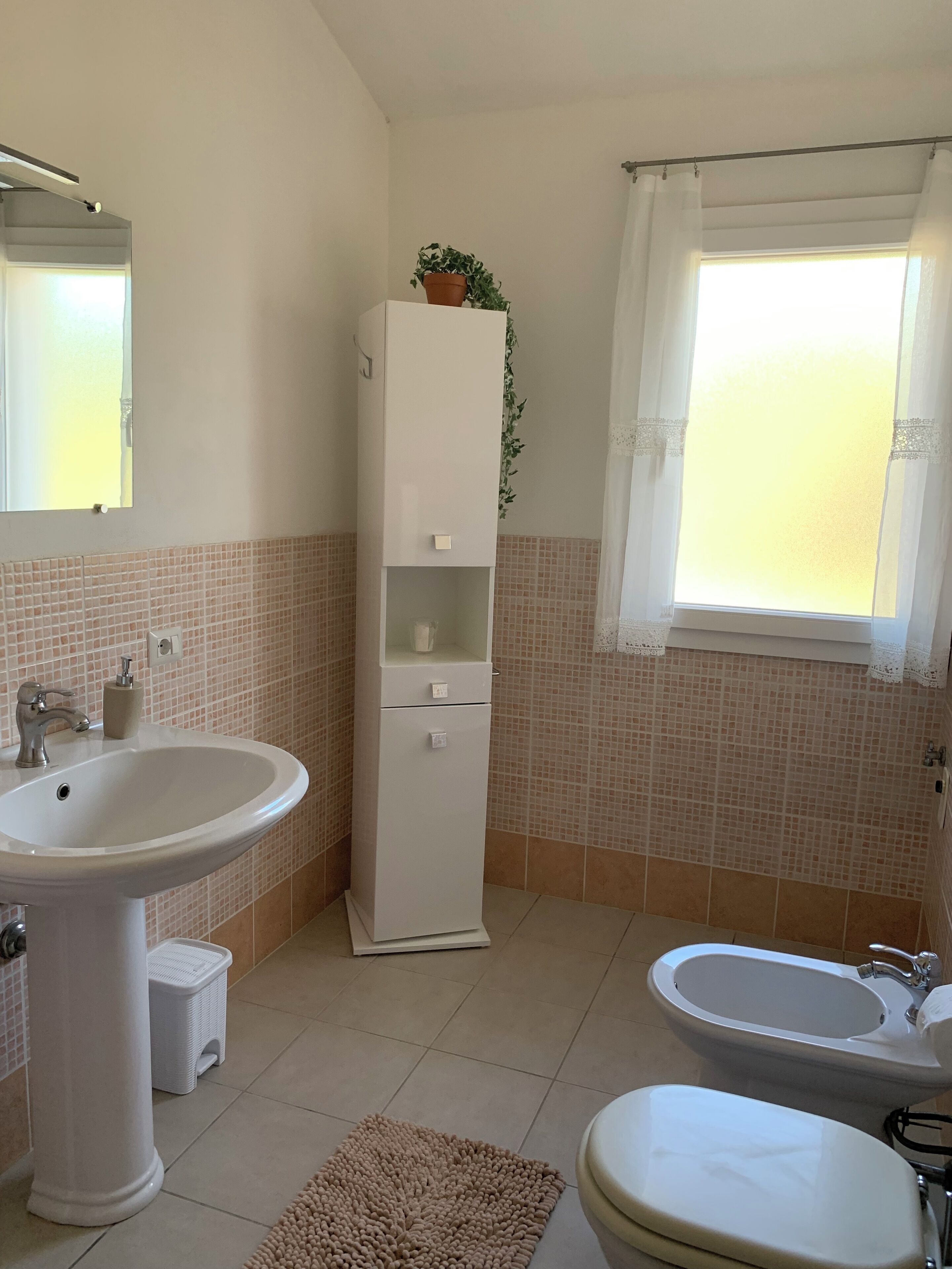 A bathroom with a sink, toilet, bidet, and a cabinet with a plant.