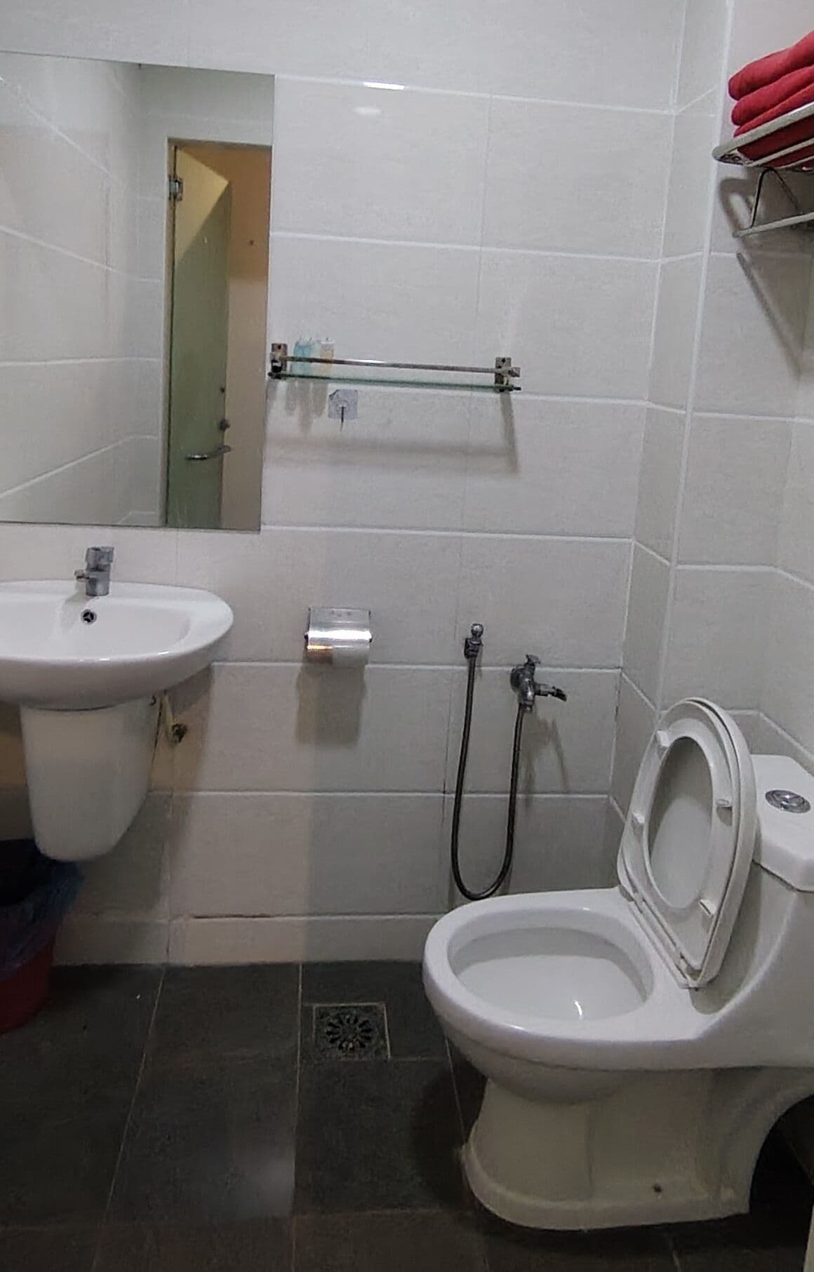 Un baño con lavamanos, inodoro y ducha.