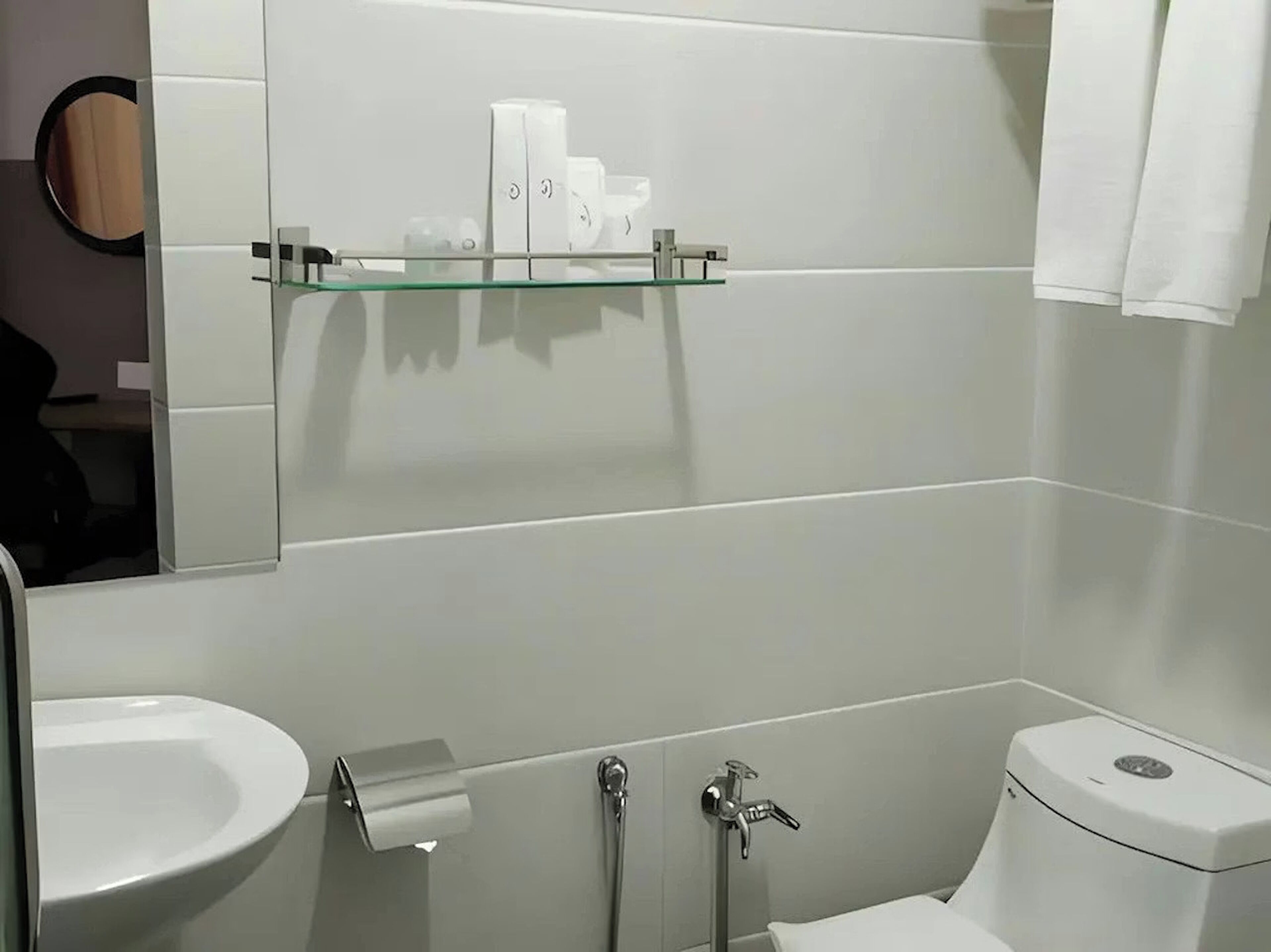 Un baño con repisas de vidrio para artículos de tocador, un lavamanos, un inodoro y un espejo.