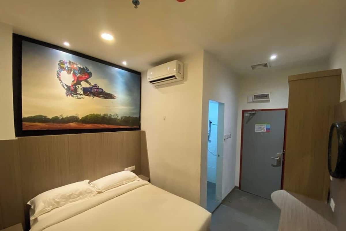 Ein Hotelzimmer mit einem Bett, einer Klimaanlage, einer Tür und einem Wandbild.