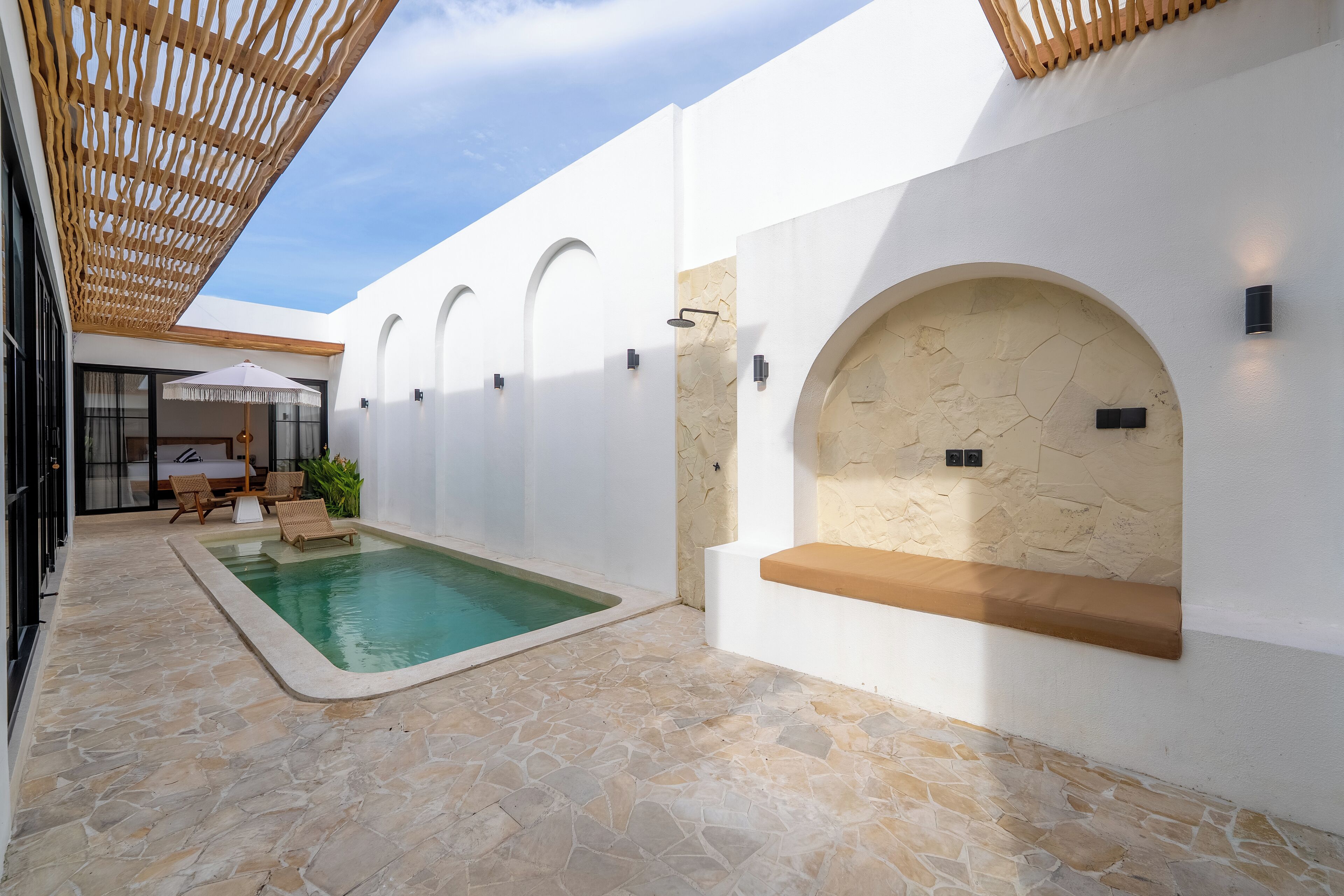 Outdoor pool, sun loungers