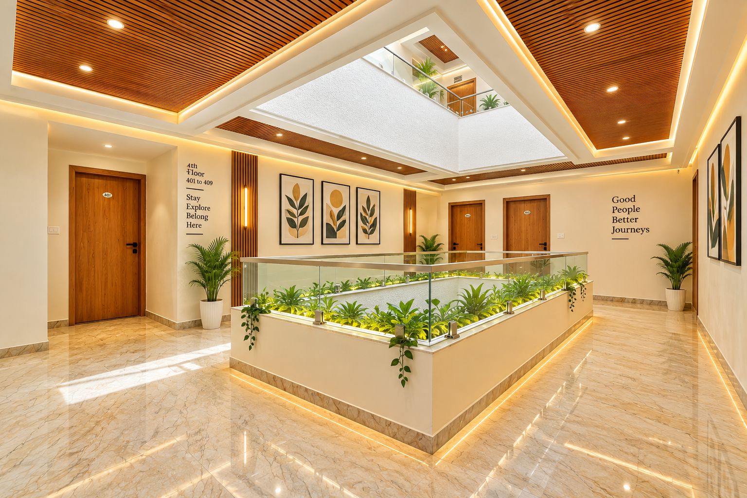 A hotel lobby with a central reception desk, a glass railing, and a ceiling with wooden slats.