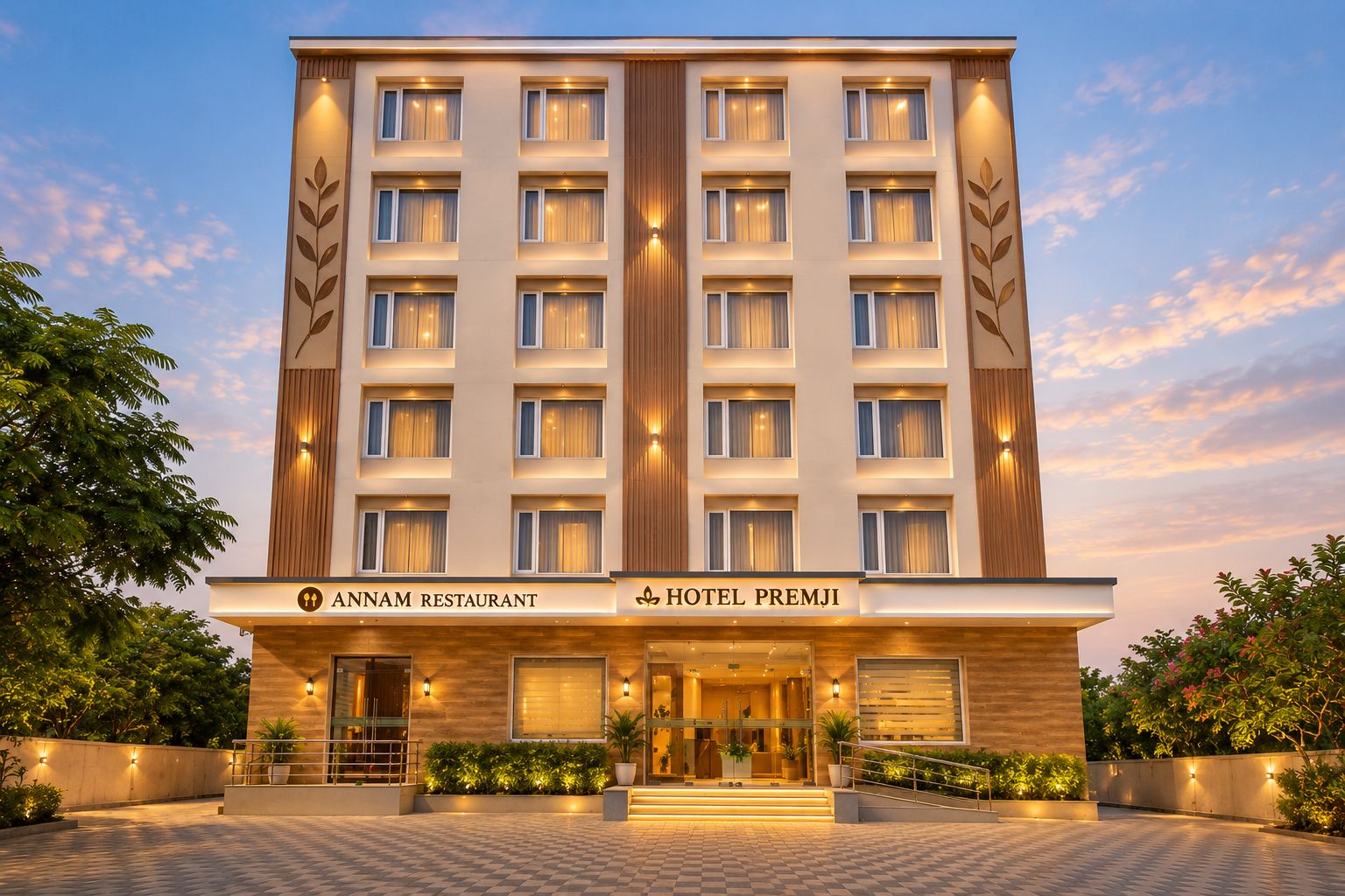 Un hotel de varios pisos con fachada moderna, que cuenta con un restaurante y una zona de recepción.