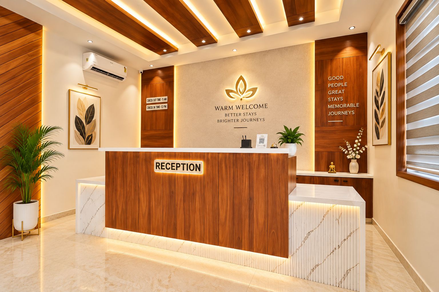 A reception desk with a wooden finish, a 'RECEPTION' sign, and a wall with a logo and text promoting great stays and journeys.