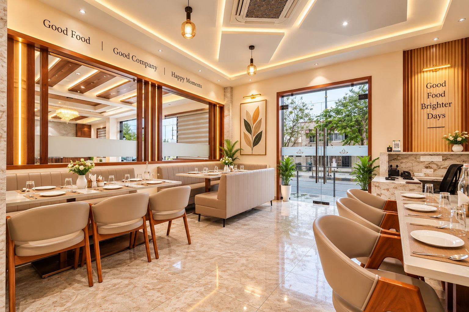 Un restaurante con una decoración moderna, que cuenta con una larga mesa de comedor, asientos cómodos y vistas al exterior.