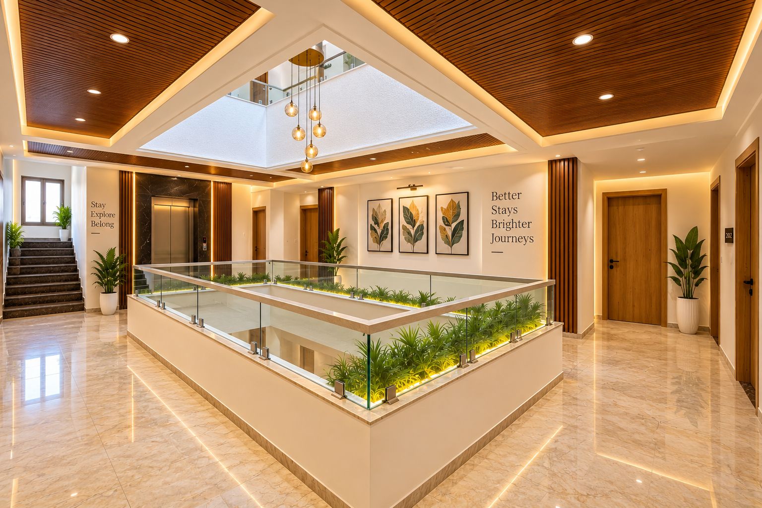 Un moderno vestíbulo de hotel con barandilla de vidrio, un jardín interior central y un nivel superior con escalera.