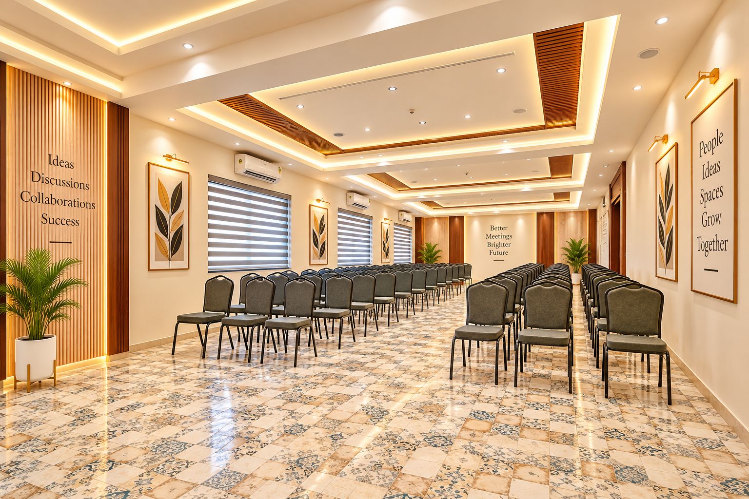 A conference room with rows of chairs, a patterned floor, and framed artwork on the walls.
