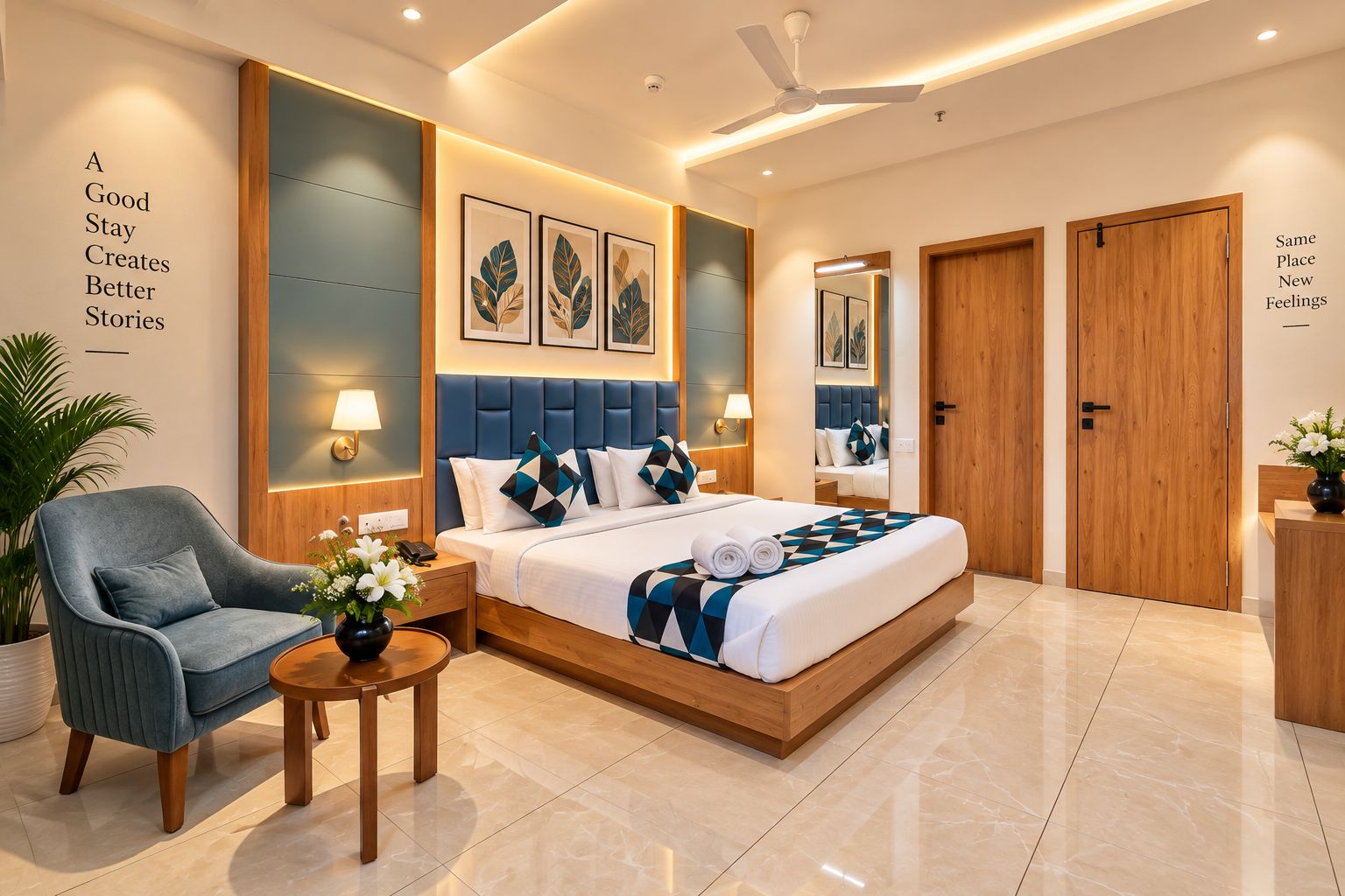 A modern hotel room with a large bed, a seating area with a chair and table, and a mirror reflecting the room.