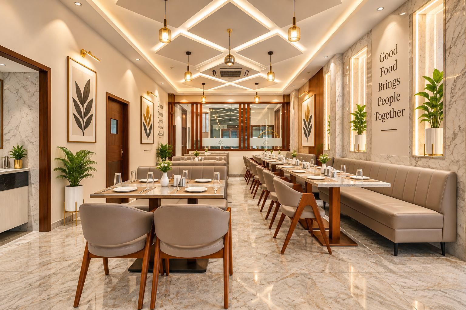 A restaurant with a long dining table, multiple seating options, and a modern interior design.