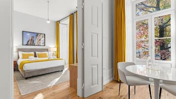 Desk, internet, bed sheets