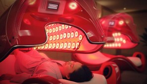 Eine Person liegt in einem rot beleuchteten Behandlungssessel, was auf eine Wellness-Einrichtung hindeutet.