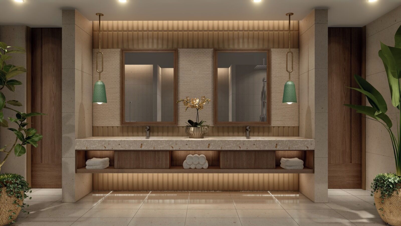 A modern bathroom with a wooden vanity, two mirrors, and green pendant lights.