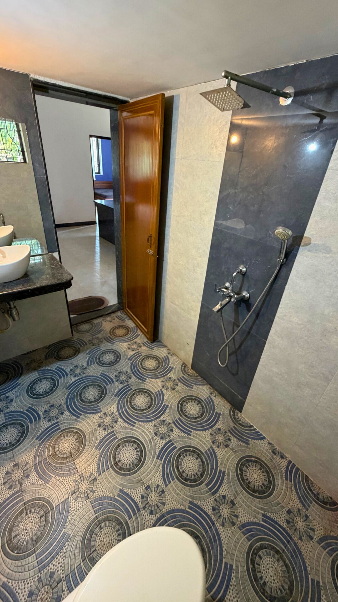 Chuveiro, toalhas de banho, papel higiênico 