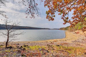 Blick auf einen See mit steiniger Uferlinie, einem kahlen Baum und Herbstlaub.