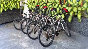 A row of bicycles parked against a wall with green foliage in the background.