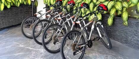 Una hilera de bicicletas estacionadas junto a una pared, con follaje verde al fondo.