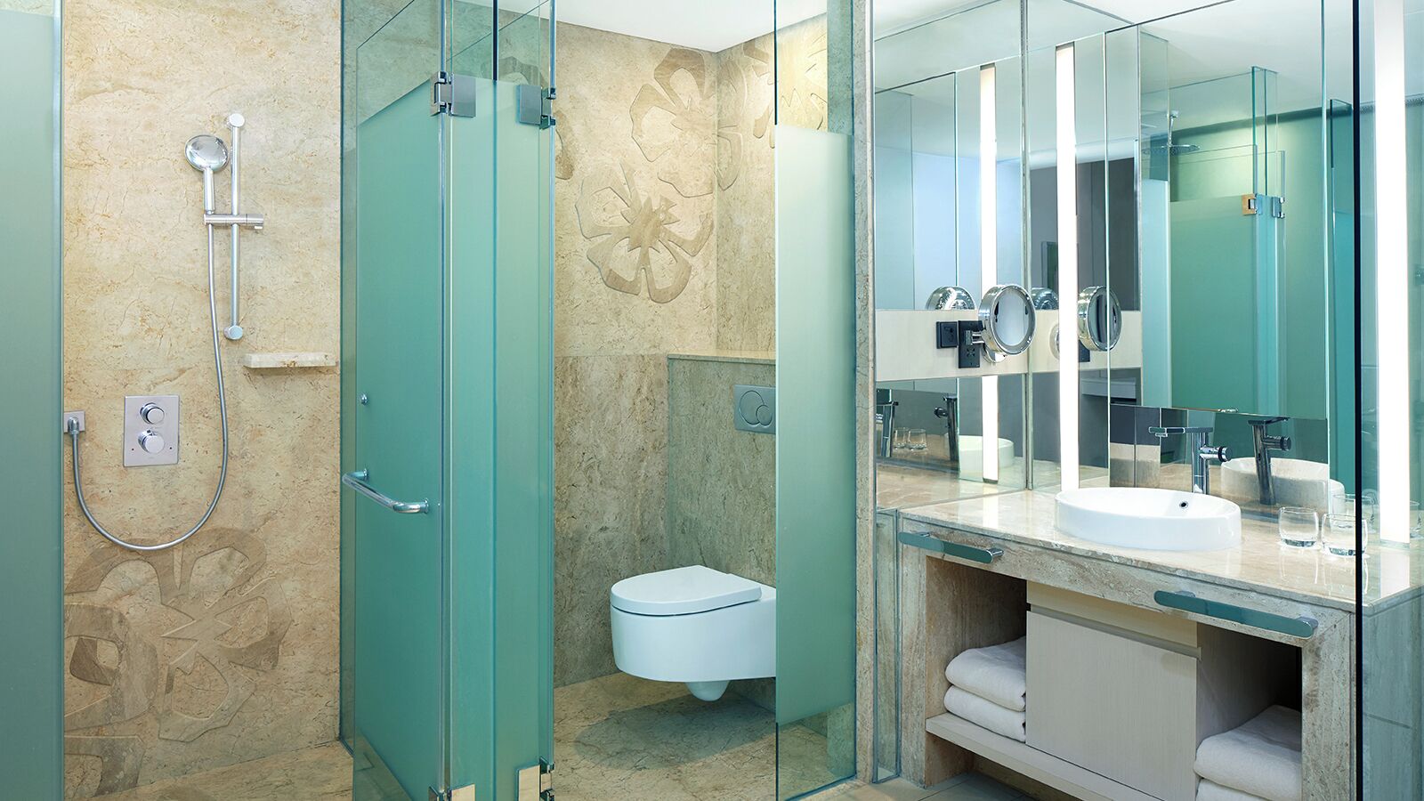 A modern bathroom with a glass shower enclosure, a toilet, and a vanity with a mirror.