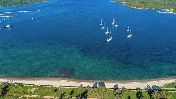 Vista aérea de una zona costera con un puerto deportivo, barcos y una playa.
