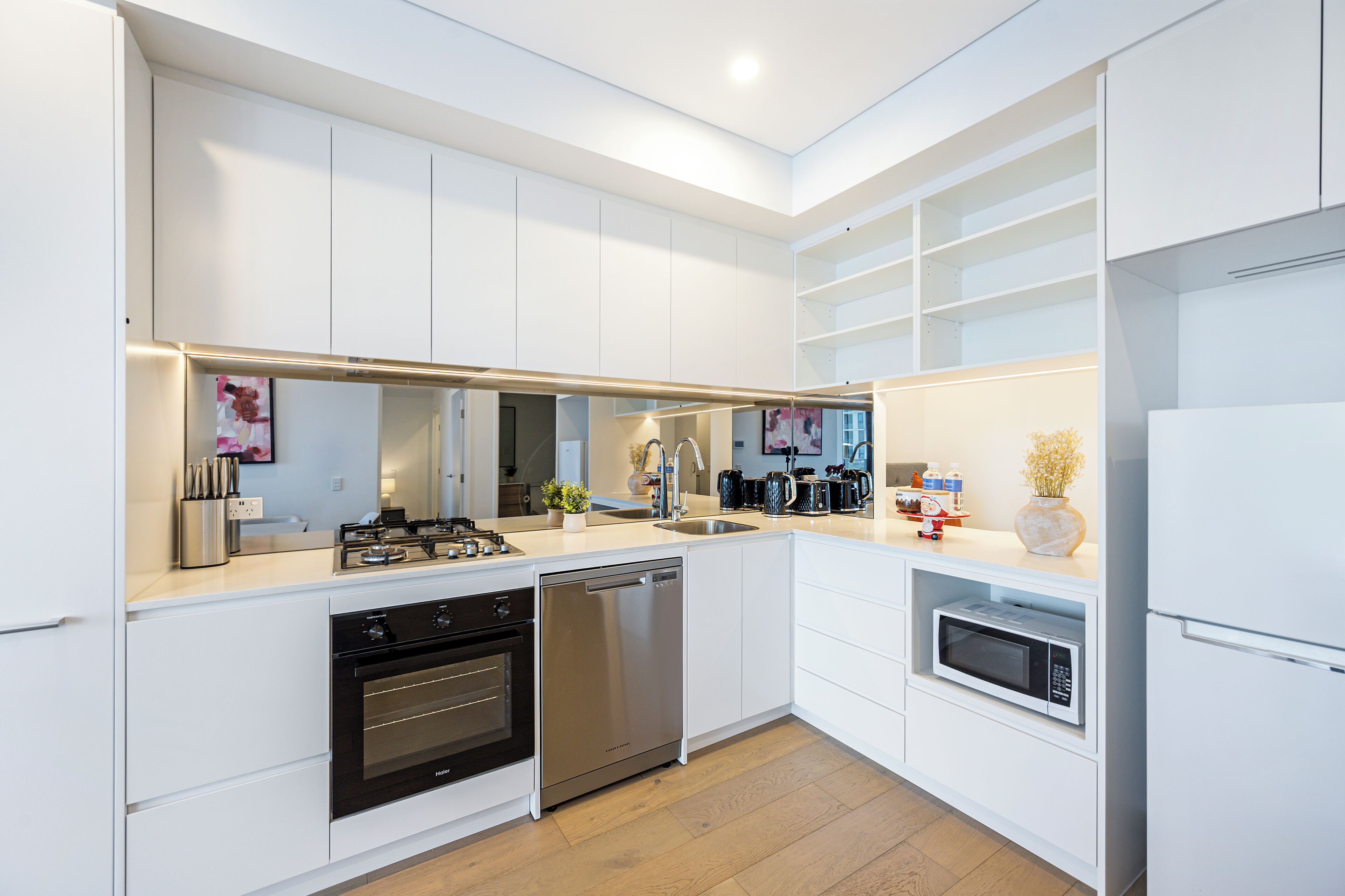 Fridge, microwave, oven, dishwasher